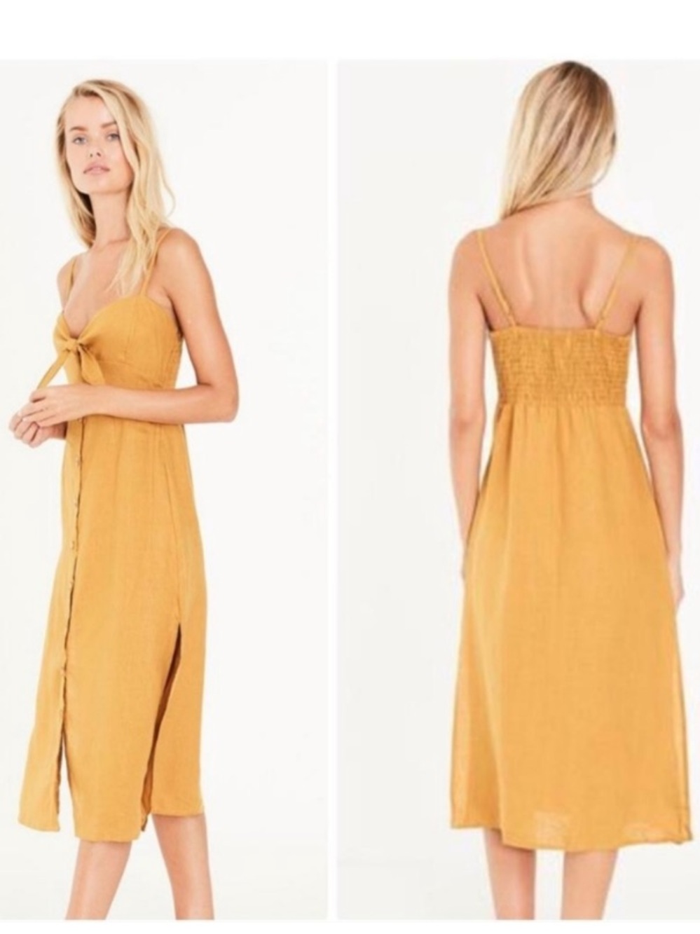 Faithfull the Brand Charlotte Linen midi dress in Mustard size 6